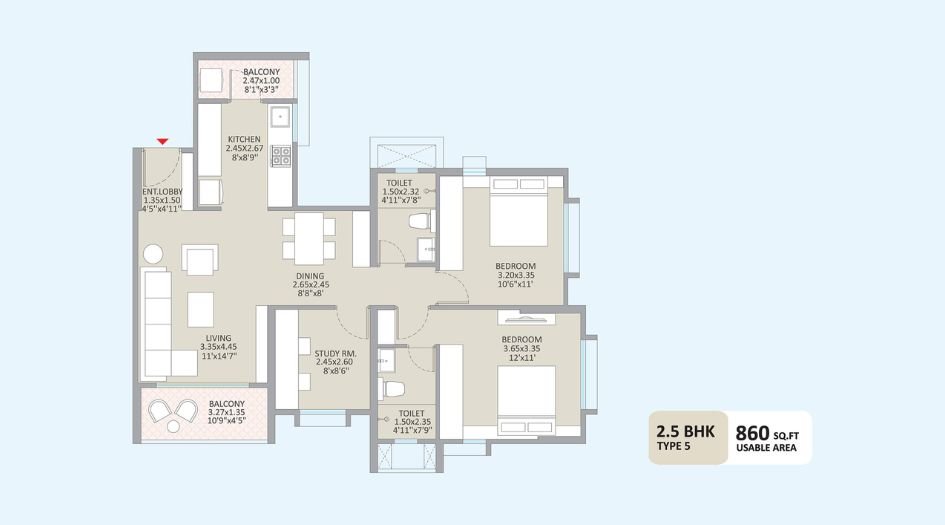 Kolte-Patil-Little-Heart-Floor-Plan-2.5BHK-860 Sqft